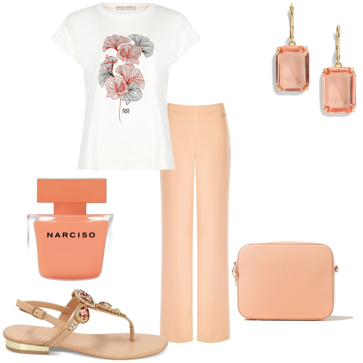 Outfit donna - Pesco in fiore. Stile Casual chic per Tutti i giorni. Abbinamento con profumi, t-shirt, pantaloni a palazzo, ciabatte, orecchini, borse a tracolla.