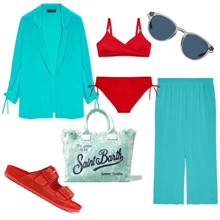 Outfit donna - Rimango in costume per la cena. Stile Sporty chic per Mare. look ideale per Petite. Abbinamento con occhiali da sole, sandali, bikini, blazer, pantaloni, borse tote.
