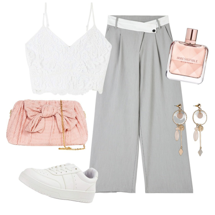 Outfit donna - Comoda ma chic. Stile Casual chic per Serata fuori. Abbinamento con orecchini, profumi, top, pantaloni a palazzo, sneakers, pochette.
