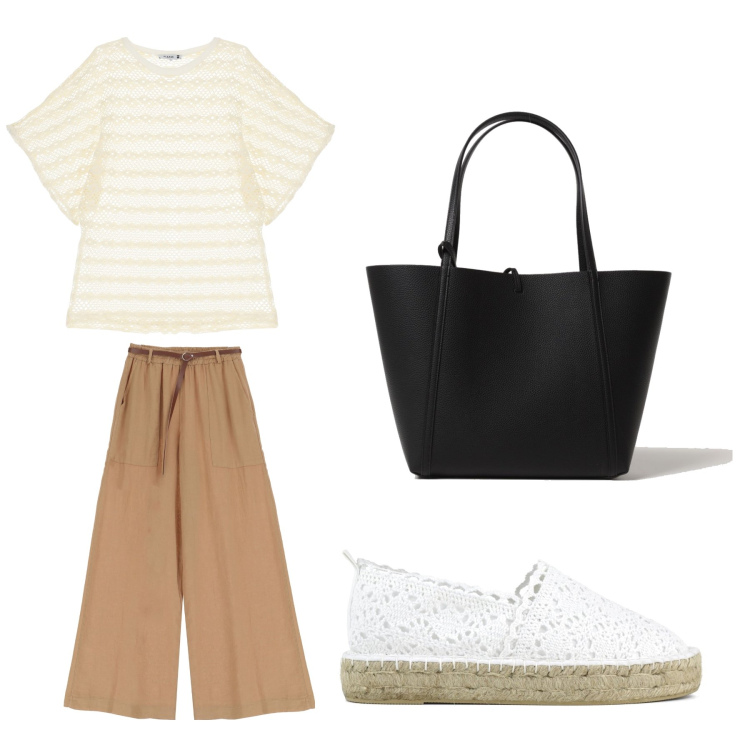 Outfit donna - Aperitivo. Stile Trendy per Tutti i giorni. Abbinamento con t-shirt, pantaloni a palazzo, espadrillas, borse a spalla.