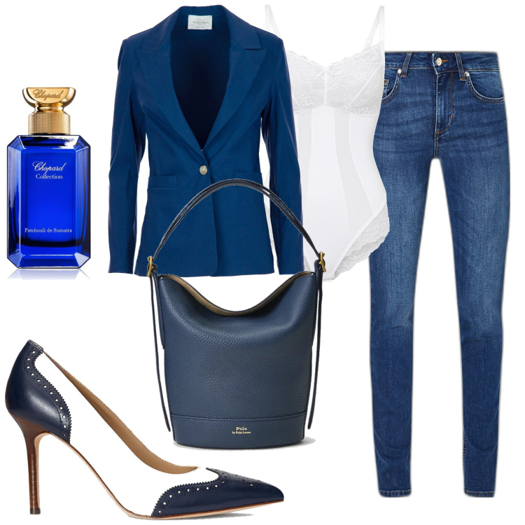 Outfit donna - Blazer mania. Stile Casual chic per Serata fuori. Abbinamento con body, profumi, décolleté, borse a secchiello, blazer, jeans slim fit.