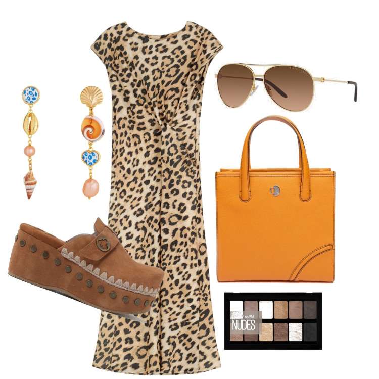 Outfit donna - Ghost outfitter - maggio. Stile Trendy per Tutti i giorni. Abbinamento con orecchini, ombretti, vestiti midi/longuette, occhiali da sole, zoccoli, shopping bag.