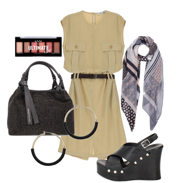 Outfit donna - Ghost outfitter - maggio. Stile Glamour per Tutti i giorni. Abbinamento con ombretti, vestiti midi/longuette, zoccoli, orecchini, stole, shopping bag.