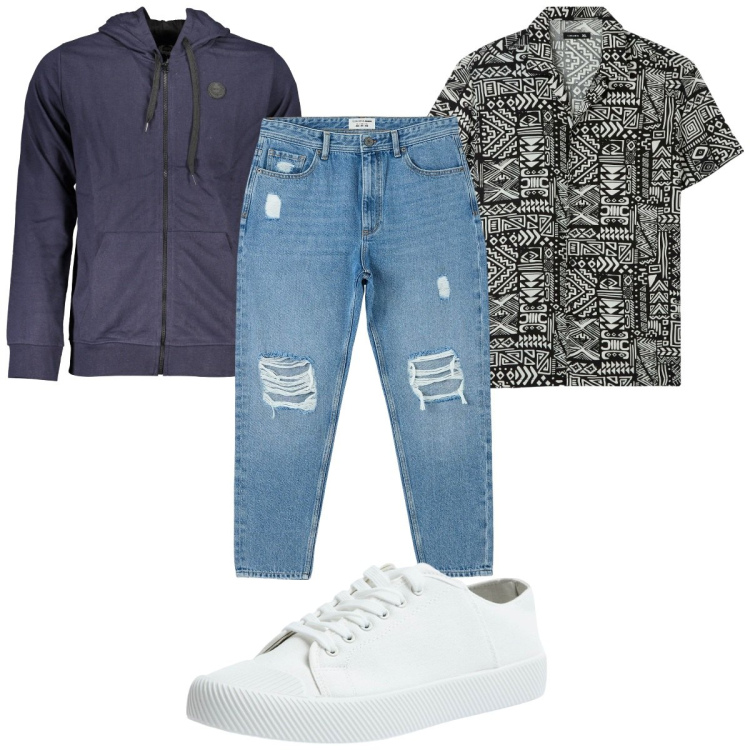 Outfit uomo - Total look #1881225. Stile Casual per Tutti i giorni. Abbinamento con jeans strappati, sneakers, camicie a manica corta, felpe con cappuccio.