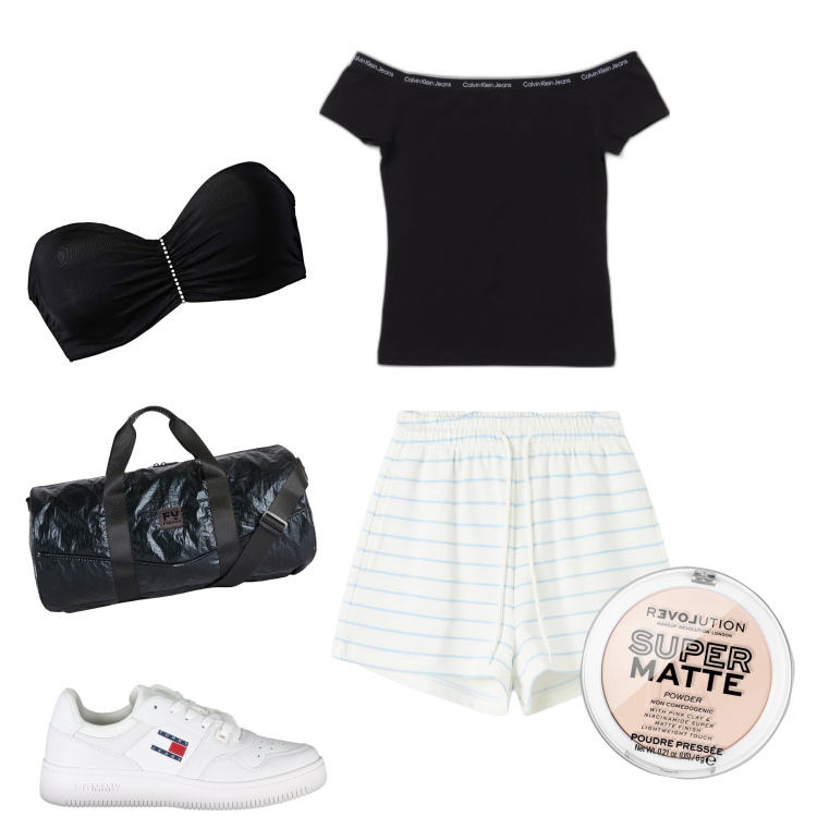 Outfit donna - Palestra glam. Stile Basic per Sport. Abbinamento con reggiseni a balconcino, ciprie, pantaloncini sportivi, borse sportive, scarpe sportive, top.