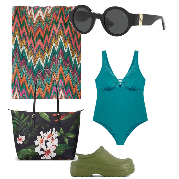 Outfit donna - La mia amica curvy al mare. Stile Basic per Mare. Abbinamento con occhiali da sole, borse tote, zoccoli, costumi interi, vestiti da spiaggia.