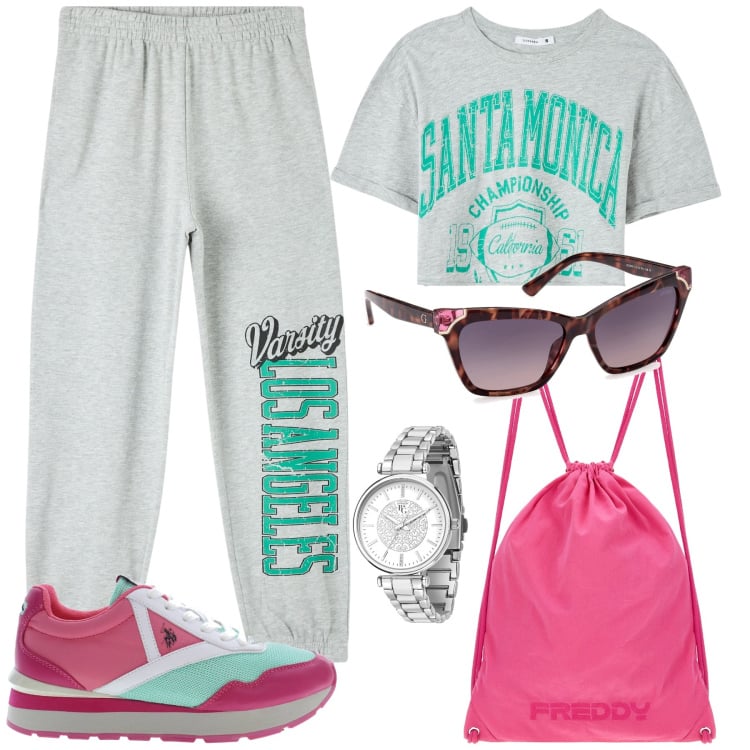 Outfit donna - Comfort & style. Stile Sporty chic per Tutti i giorni. Abbinamento con orologi, t-shirt sportive, pantaloni sportivi, zaini, scarpe sportive, occhiali da sole.