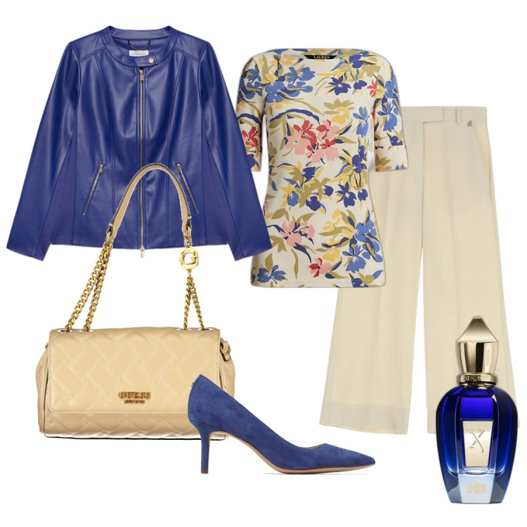 Outfit donna - La maglia a Fiori blu. Stile Bon Ton per Ufficio. Abbinamento con profumi, pantaloni, maglieria, blazer, borse a spalla, décolleté.