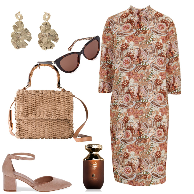 Outfit donna - Passeggiata Romantica. Stile Bon Ton per Tutti i giorni. Abbinamento con vestiti midi/longuette, borse a mano, profumi, orecchini, décolleté, occhiali da sole.