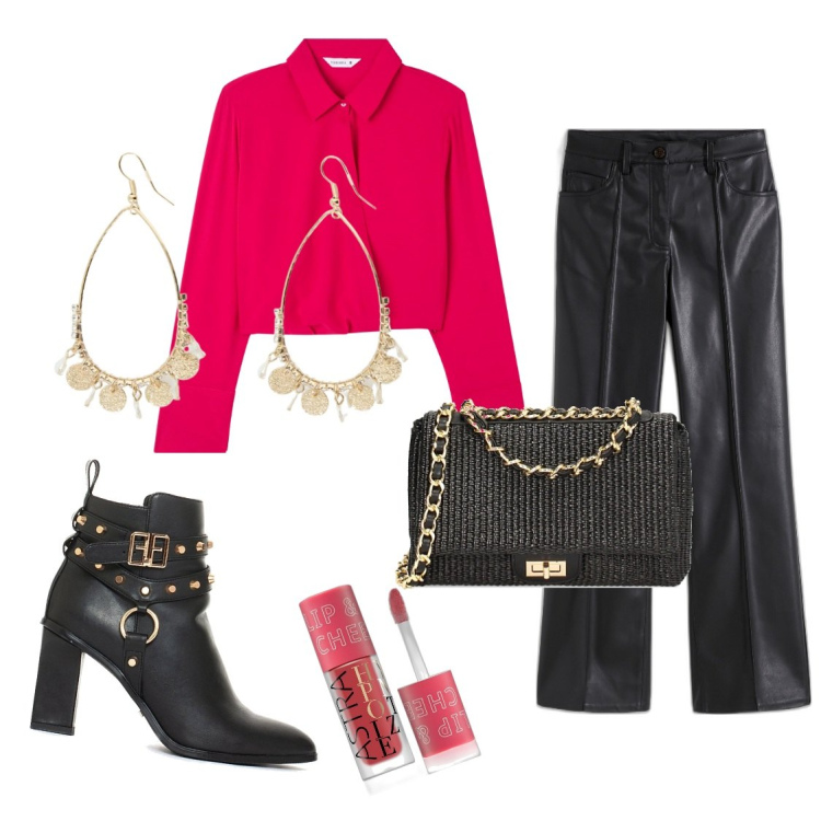 Outfit donna - Grintosa. Stile Chic per Serata fuori. Abbinamento con pantaloni, blush, bluse, stivaletti, borse a tracolla, orecchini.