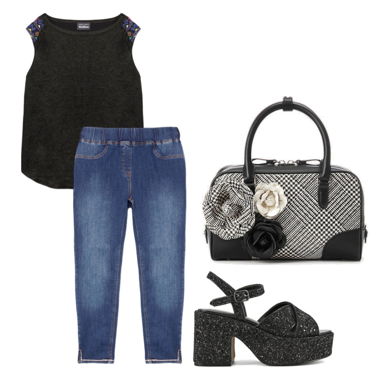 Outfit donna - Serata. Stile Chic per Serata fuori. Abbinamento con borse a mano, sandali, jeggings, t-shirt.