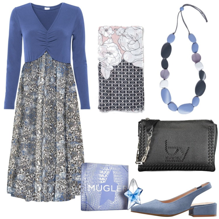 Outfit donna - Il vestitino midi boho-chic. Stile Boho per Tutti i giorni. Abbinamento con décolleté, vestiti midi/longuette, profumi, borse a spalla, collane, foulard.