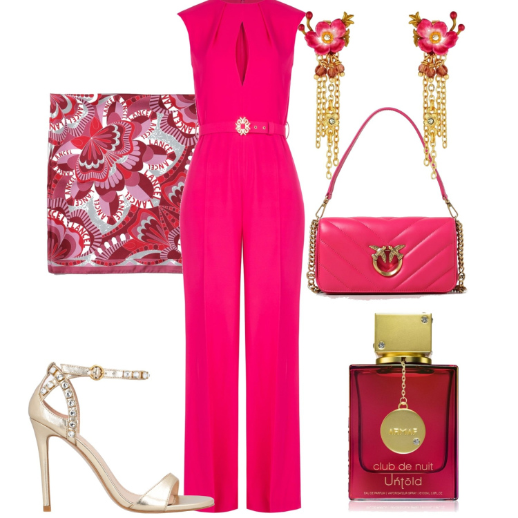 Outfit donna - La jumpsuit elegante. Stile Glamour per Cerimonia. Abbinamento con orecchini, profumi, sandali in pelle, tute, foulard, borse a spalla.