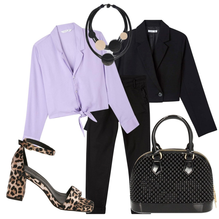 Outfit donna - Lilla e animalier insolito. Stile Glamour per Serata fuori. Abbinamento con camicie, blazer, pantaloni chino, borse a mano, sandali col tacco, collane.