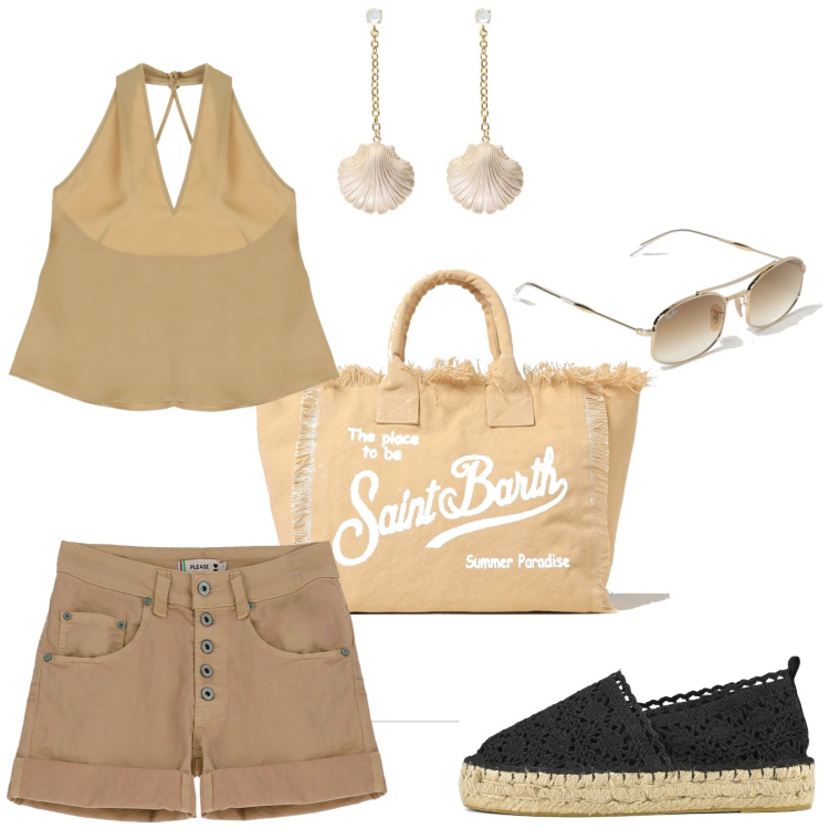 Outfit donna - Sea escape. Stile Casual per Tutti i giorni. Abbinamento con top, shorts, orecchini, espadrillas, occhiali da sole, borse a spalla.