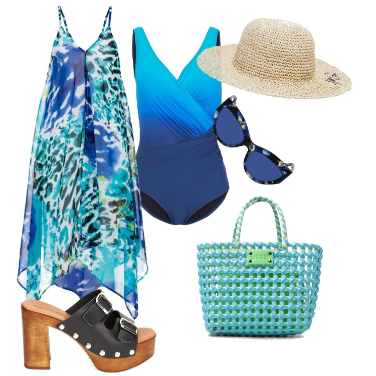 Outfit donna - La Domenica al mare. Stile Casual per Mare. Abbinamento con costumi interi, vestiti da spiaggia, zoccoli, cappelli, occhiali da sole, borse tote.