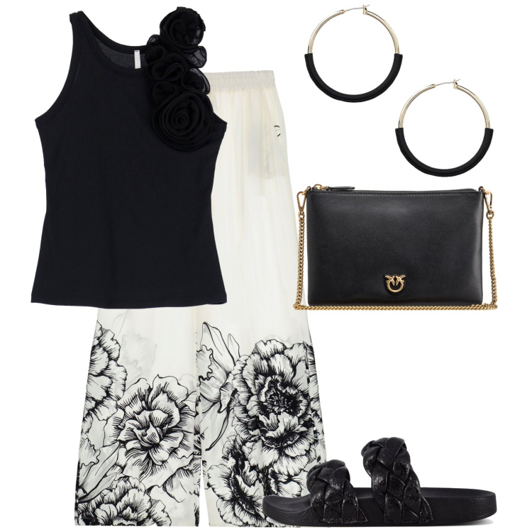 Outfit donna - Motivi floreali per la primavera. Stile Casual chic per Tutti i giorni. Abbinamento con borse a tracolla, canottiere, pantaloni a palazzo, orecchini, ciabatte.
