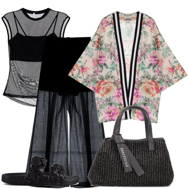 Outfit donna - Aperitivo sulla spiaggia. Stile Casual chic per Tutti i giorni. Abbinamento con pantaloni, canottiere, blazer, ciabatte, borse a mano.