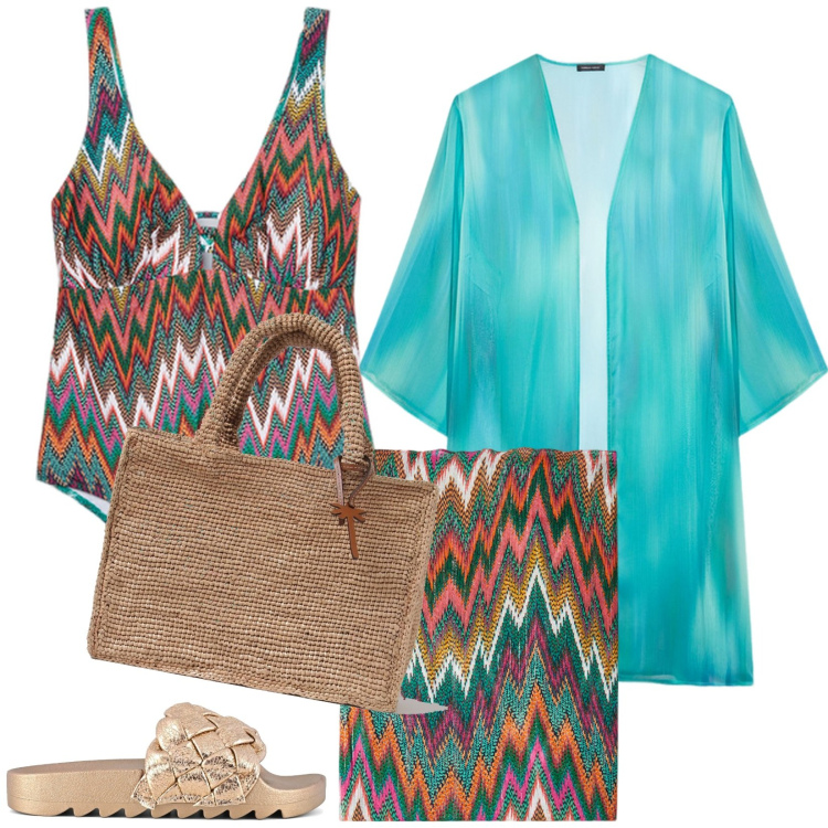 Outfit donna - Beachwear collection. Stile Glamour per Tutti i giorni. Abbinamento con ciabatte, vestiti da spiaggia, caftani, costumi interi, borse a mano.