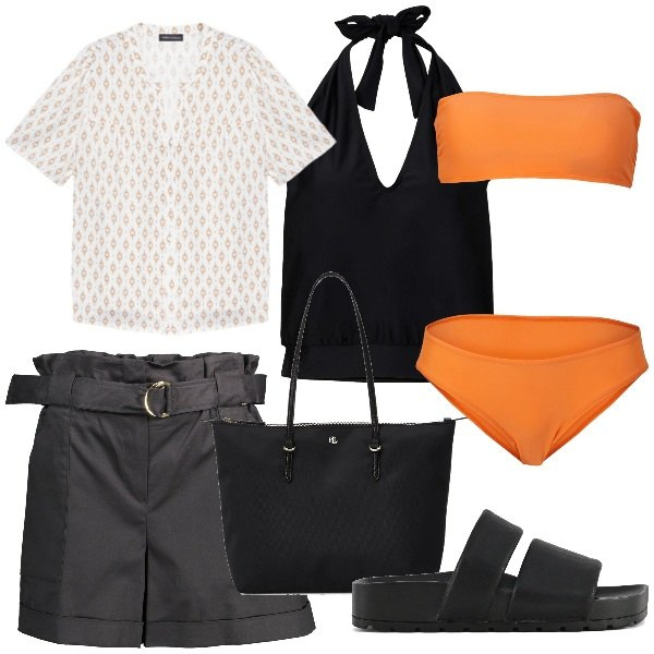 Outfit donna - Prime uscite al mare. Stile Basic per Mare. Abbinamento con costumi interi, borse tote, ciabatte, pantaloni, camicie a manica corta.
