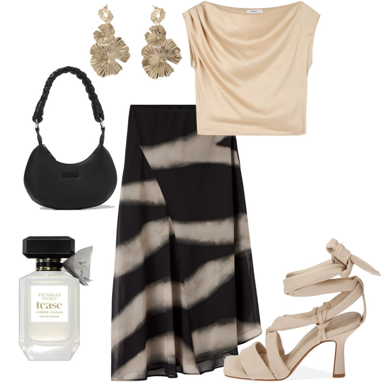 Outfit donna - Total look #1881434. Stile Chic per Tutti i giorni. Abbinamento con profumi, gonne lunghe, bluse, sandali col tacco, orecchini, borse a spalla.