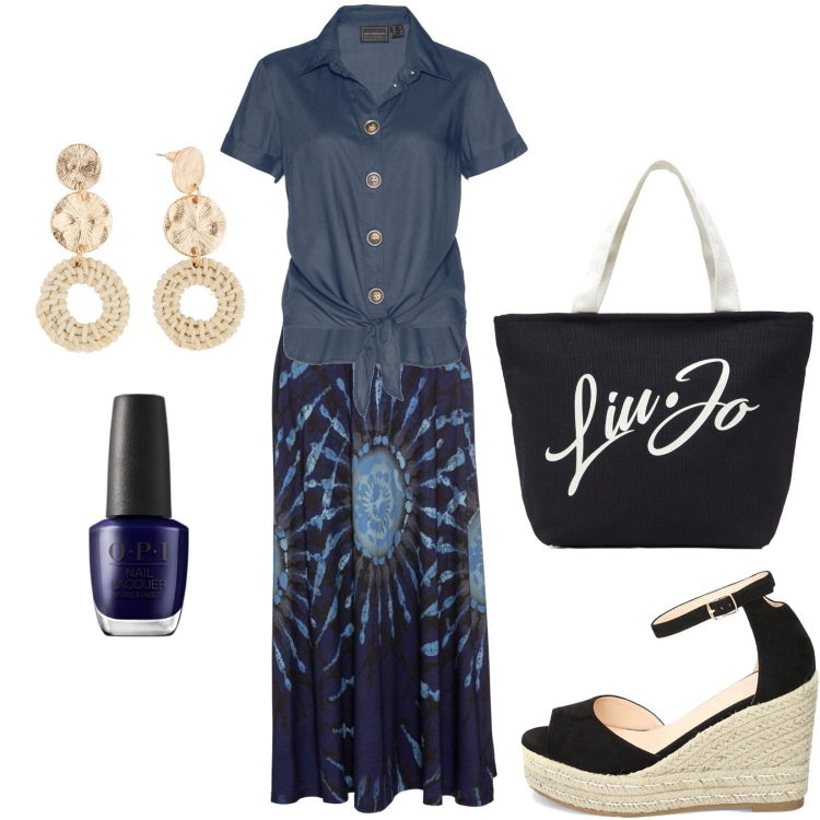 Outfit donna - Total look #1881442. Stile Casual per Tutti i giorni. Abbinamento con gonne, orecchini, camicie, smalti, zeppe, shopping bag.
