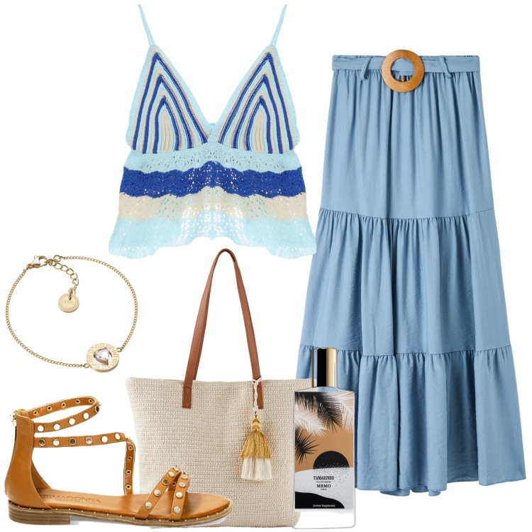 Outfit donna - Total look #1881452. Stile Boho per Tutti i giorni. Abbinamento con shopping bag, profumi, gonne lunghe, top, sandali, braccialetti.