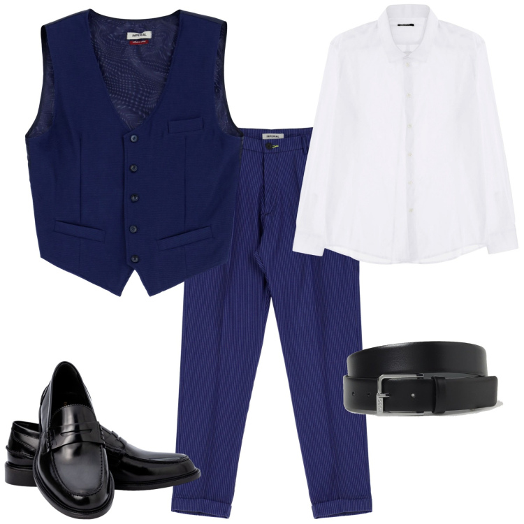 Outfit uomo - Trendy ufficio week end evento. Stile Trendy per Cerimonia. Abbinamento con camicie, pantaloni, gilet, scarpe stringate, cinture.