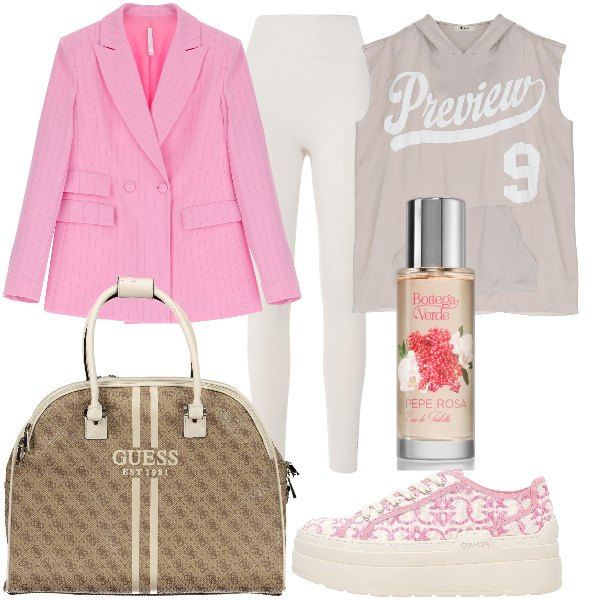 Outfit donna - Total look #1881478. Stile Sporty chic per Tutti i giorni. Abbinamento con profumi, sneakers, blazer, vestiti corti, leggings, borse sportive.