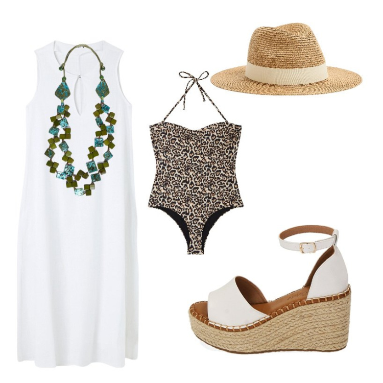 Outfit donna - Passeggita sul lungomare. Stile Casual chic per Tutti i giorni. Abbinamento con costumi interi, cappelli, vestiti senza maniche, zeppe, collane.