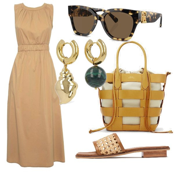 Outfit donna - Total look #1881504. Stile Chic per Tutti i giorni. Abbinamento con occhiali da sole, pochette, vestiti lunghi, sandali in pelle, orecchini.