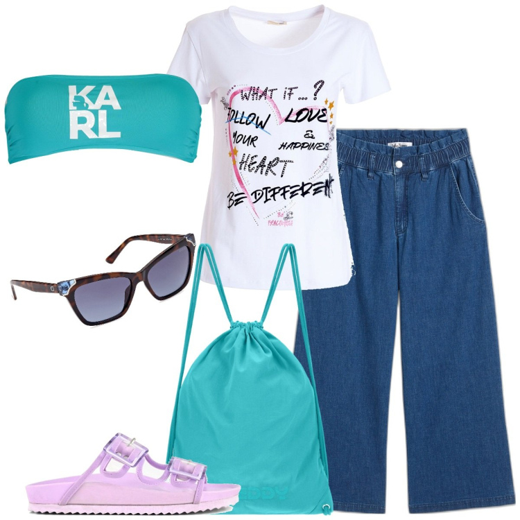 Outfit donna - Look per la prima gita al mare. Stile Casual chic per Mare. Abbinamento con jeans, t-shirt, zaini, sandali, costumi, occhiali da sole.