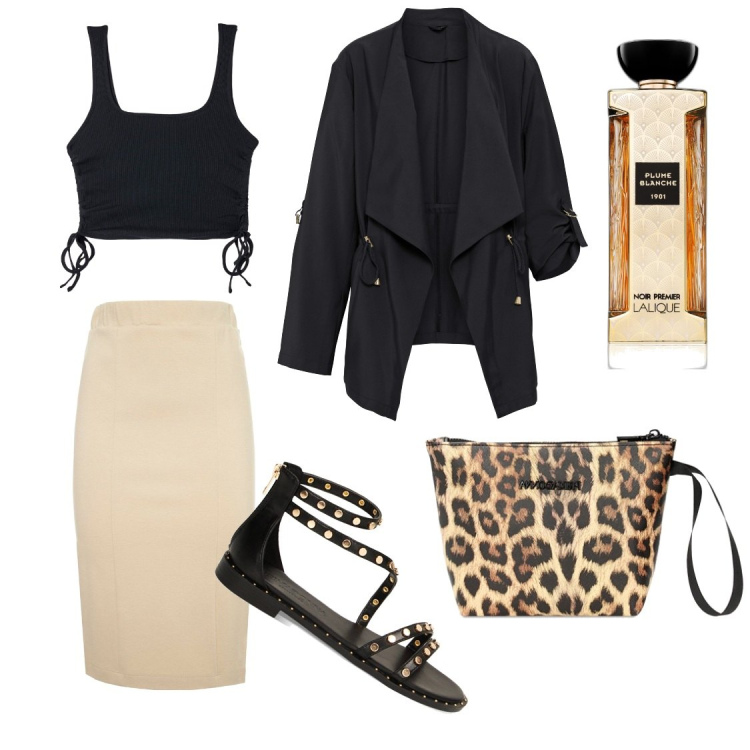 Outfit donna - Essenziale. Stile Casual chic per Tutti i giorni. Abbinamento con blazer, profumi, canottiere, sandali, valigie, gonne.