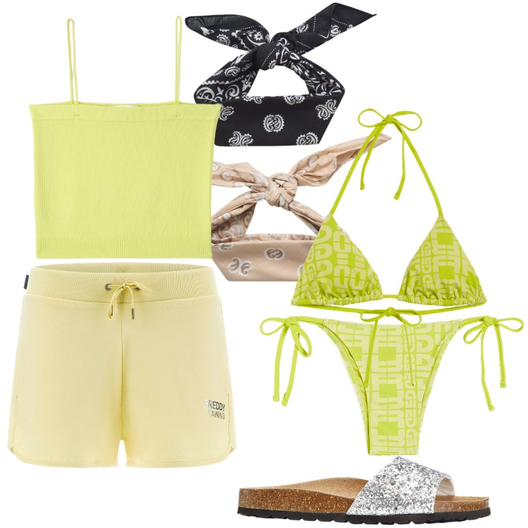 Outfit donna - Look per la prima gita al mare. Stile Basic per Mare. Abbinamento con ciabatte, canottiere, fasce per capelli, shorts, bikini, bikini.