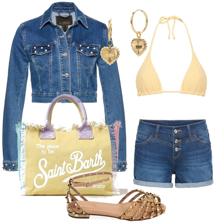 Outfit donna - Il bikini giallo per il mare. Stile Chic per Mare. look ideale per Petite. Abbinamento con shorts, blazer, ballerine, borse tote, orecchini, bikini.