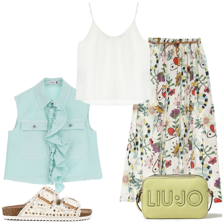 Outfit donna - Aria e natura. Stile Boho per Tutti i giorni. Abbinamento con gonne lunghe, top, gilet, sandali, borse a tracolla.