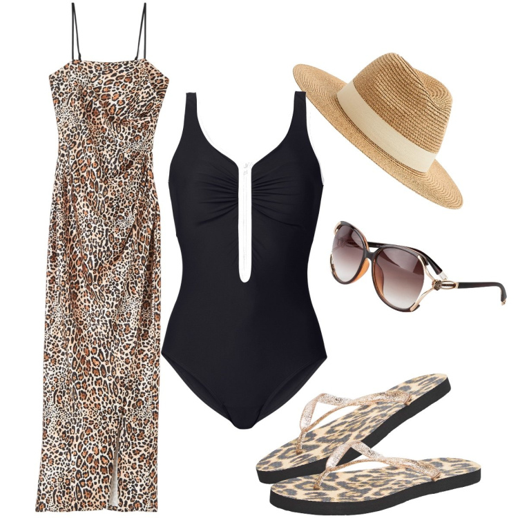 Outfit donna - Chic in animalier. Stile Sexy per Mare. Abbinamento con costumi interi, occhiali da sole, cappelli, vestiti, infradito.