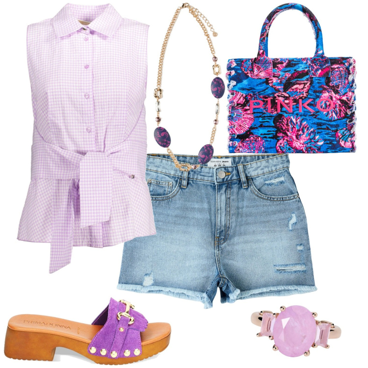 Outfit donna - Al mare. Stile Casual per Tutti i giorni. Abbinamento con shorts, anelli, shopping bag, zoccoli, camicie, ciondoli.