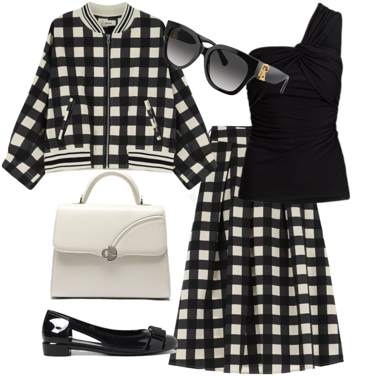 Outfit donna - Il completo a quadri. Stile Trendy per Serata fuori. Abbinamento con gonne lunghe, blazer, occhiali da sole, top, ballerine, borse a mano.