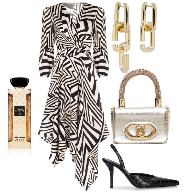 Outfit donna - Fantasia geometrica. Stile Chic per Cerimonia. Abbinamento con profumi, vestiti midi/longuette, orecchini, décolleté, borse a mano.