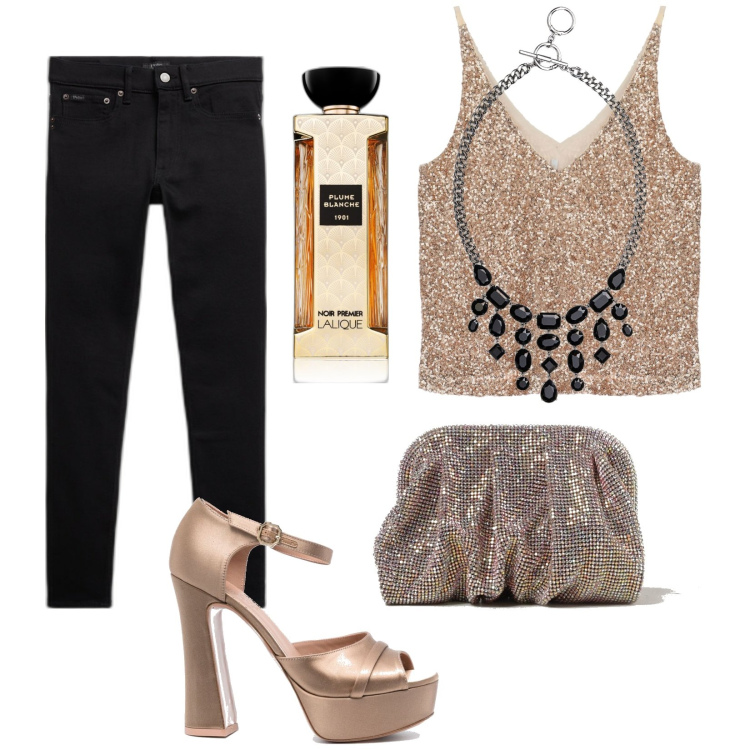 Outfit donna - Total look #1881600. Stile Glamour per Serata fuori. Abbinamento con profumi, top, collane, jeans slim fit, sandali col tacco, clutch.