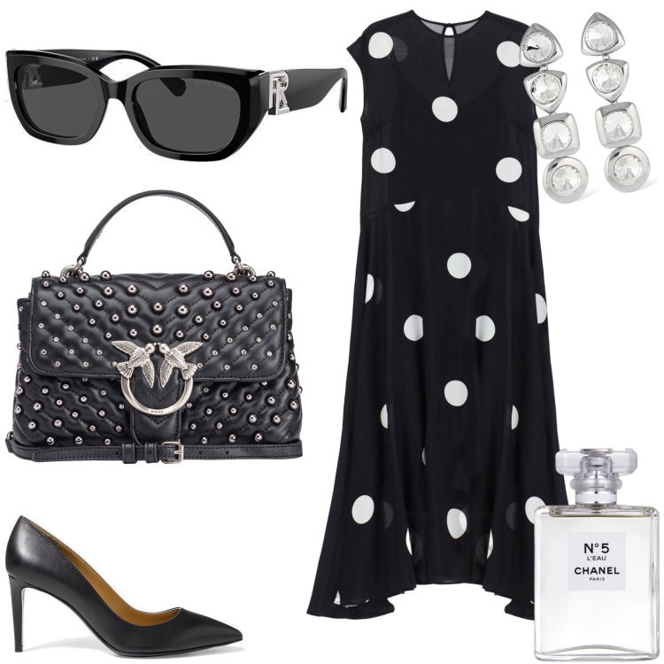 Outfit donna - Sciura glam. Stile Bon Ton per Tutti i giorni. Abbinamento con profumi, borse a spalla, vestiti lunghi, occhiali da sole, décolleté, orecchini.