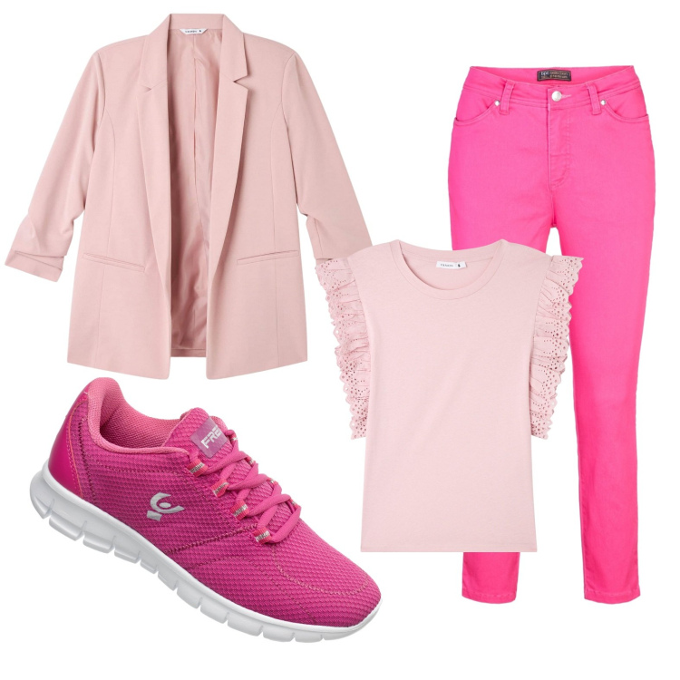 Outfit donna - Romantica. Stile Romantica per Ufficio. Abbinamento con pantaloni, t-shirt, blazer, sneakers.