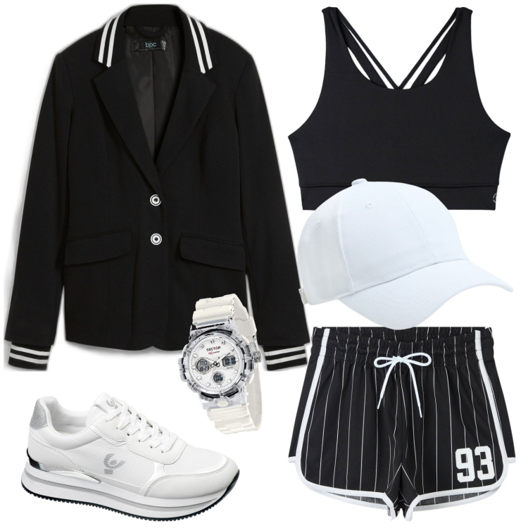 Outfit donna - Sport in short che passione. Stile Sporty chic per Tutti i giorni. look ideale per Petite. Abbinamento con blazer, orologi, pantaloncini sportivi, cappelli, canottiere, sneakers.