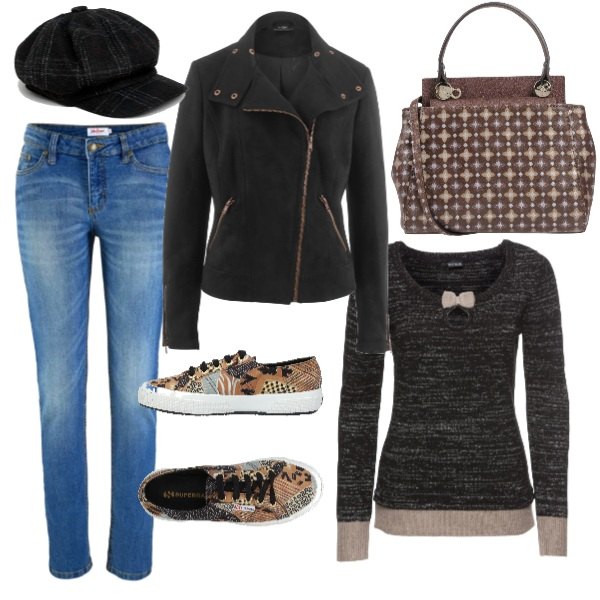 Outfit donna - La mattina fa un po\' freddo.... Stile Basic per Tutti i giorni. Abbinamento con jeans skinny, pullover, giubbotto effetto scamosciato in pelle sintetica, sneakers tennis, borsa a mano mini con manico fantasia multicolore effetto laminato interno foderato con tracolla removibile, berretto a quadri.