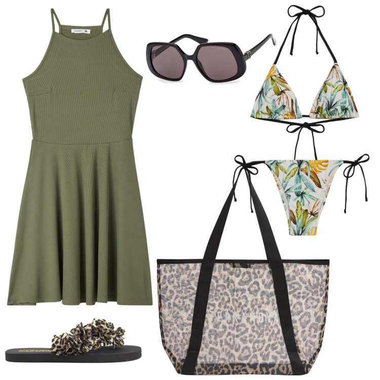 Outfit donna - Pronti per la spiaggia. Stile Casual per Mare. Abbinamento con vestiti corti, shopping bag, bikini, bikini, infradito, occhiali da sole.