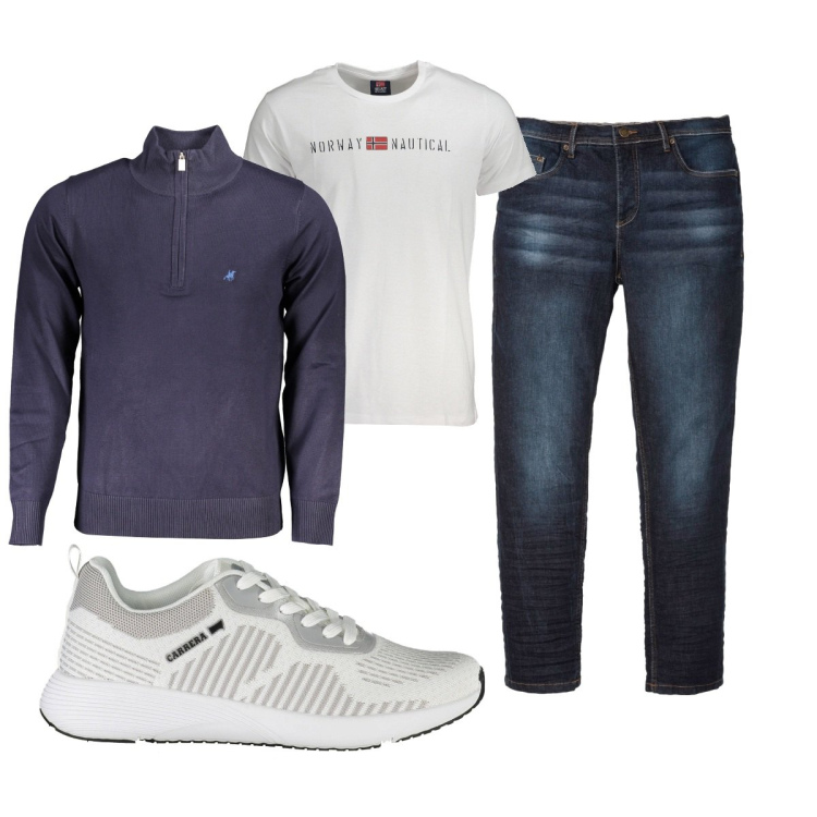 Outfit uomo - Total look #1881700. Stile Trendy per Tutti i giorni. Abbinamento con jeans slim fit, t-shirt, maglieria, scarpe sportive.