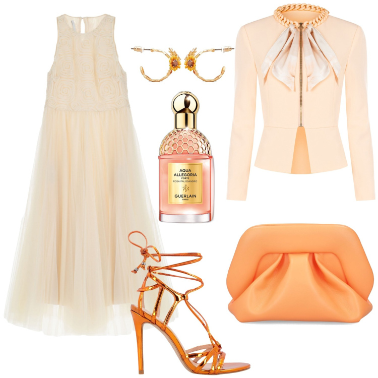 Outfit donna - L’abito midi per la cerimonia. Stile Chic per Cerimonia. Abbinamento con orecchini, profumi, sandali in pelle, blazer, vestiti midi/longuette, pochette.