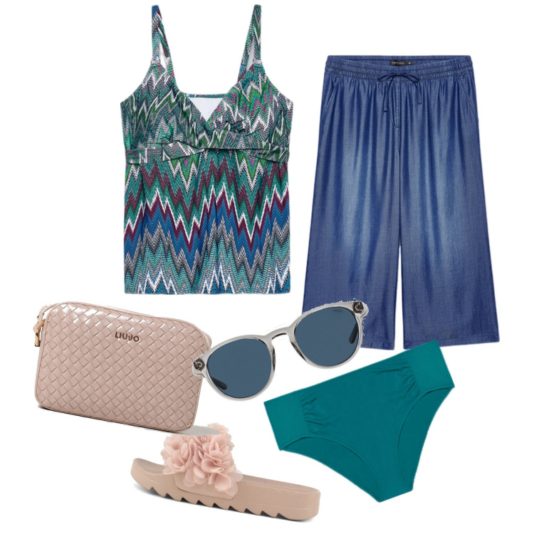 Outfit donna - Beachwear. Stile Casual chic per Mare. Abbinamento con occhiali da sole, ciabatte, costumi interi, pantaloni, culotte, borse a tracolla.