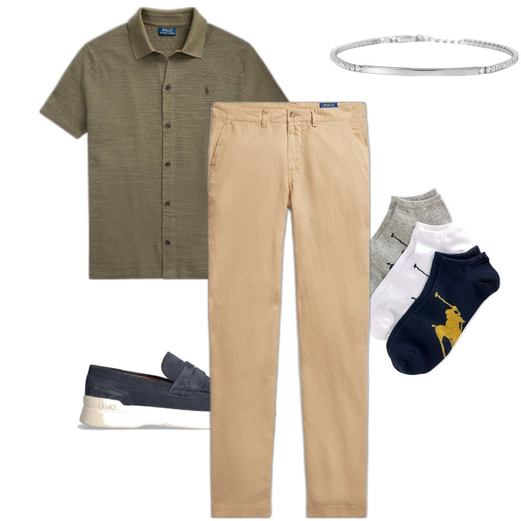 Outfit uomo - Lino a contrasto. Stile Business/Elegante per Serata speciale. Abbinamento con braccialetti, calzini, pantaloni, maglieria, scarpe stringate.
